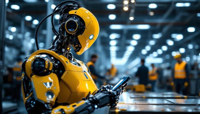 A photograph of a sleek industrial robot in action within a modern manufacturing facility