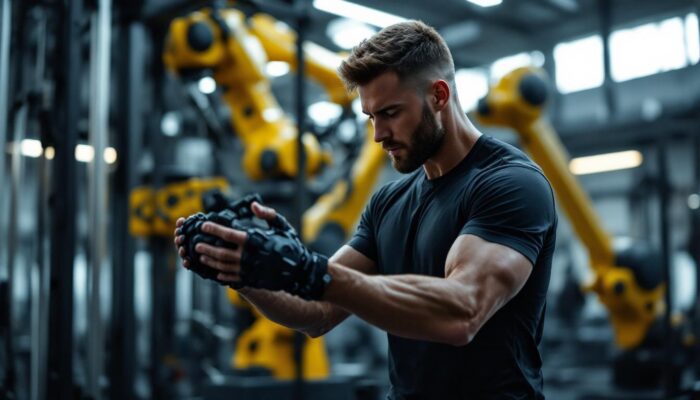 A photograph of capture a photograph of a fitness instructor demonstrating a workout in a gym setting