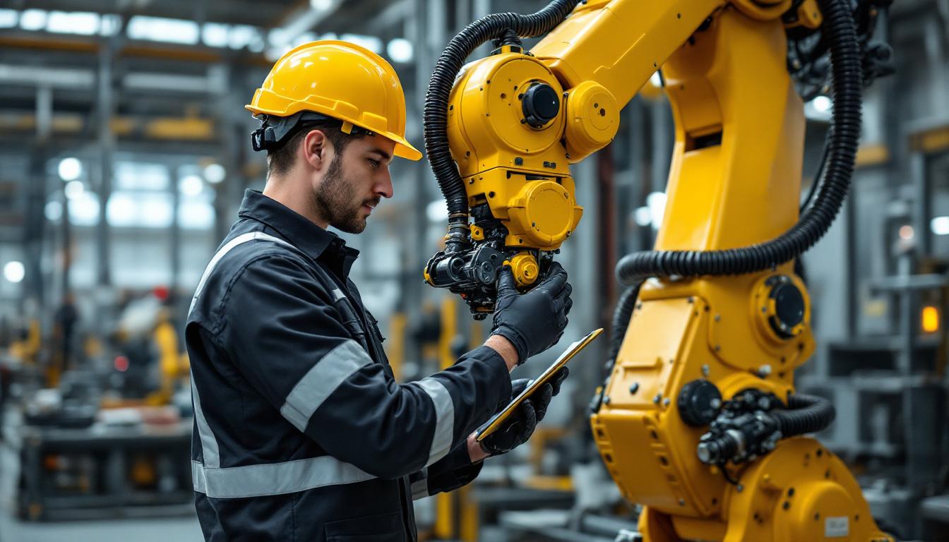 A photograph of a skilled industrial maintenance technician working on a robotic system in a factory setting