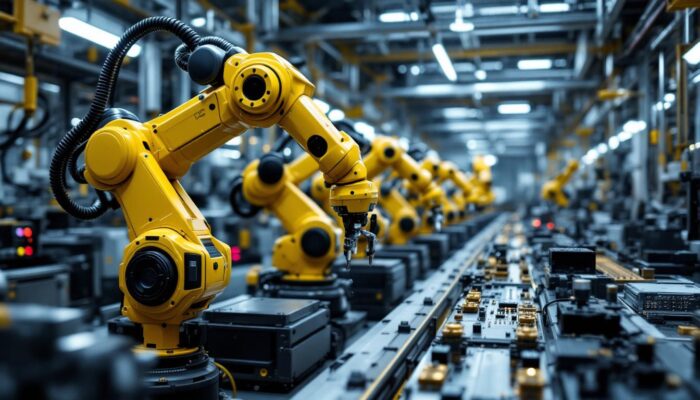 A photograph of a high-tech semiconductor manufacturing facility showcasing advanced industrial robots in action