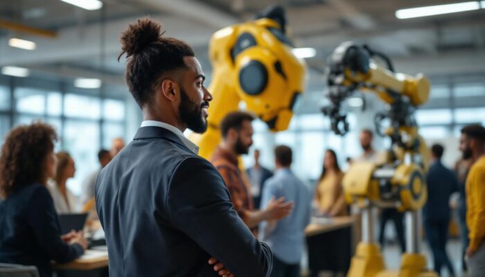 A photograph of a dynamic hr professional engaging with a diverse group of employees in a modern office setting