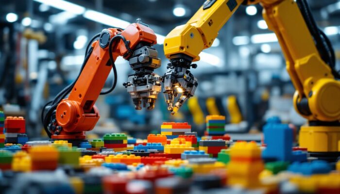 A photograph of a vibrant and dynamic workspace where colorful lego brick blocks are being assembled alongside a sleek industrial robotic arm