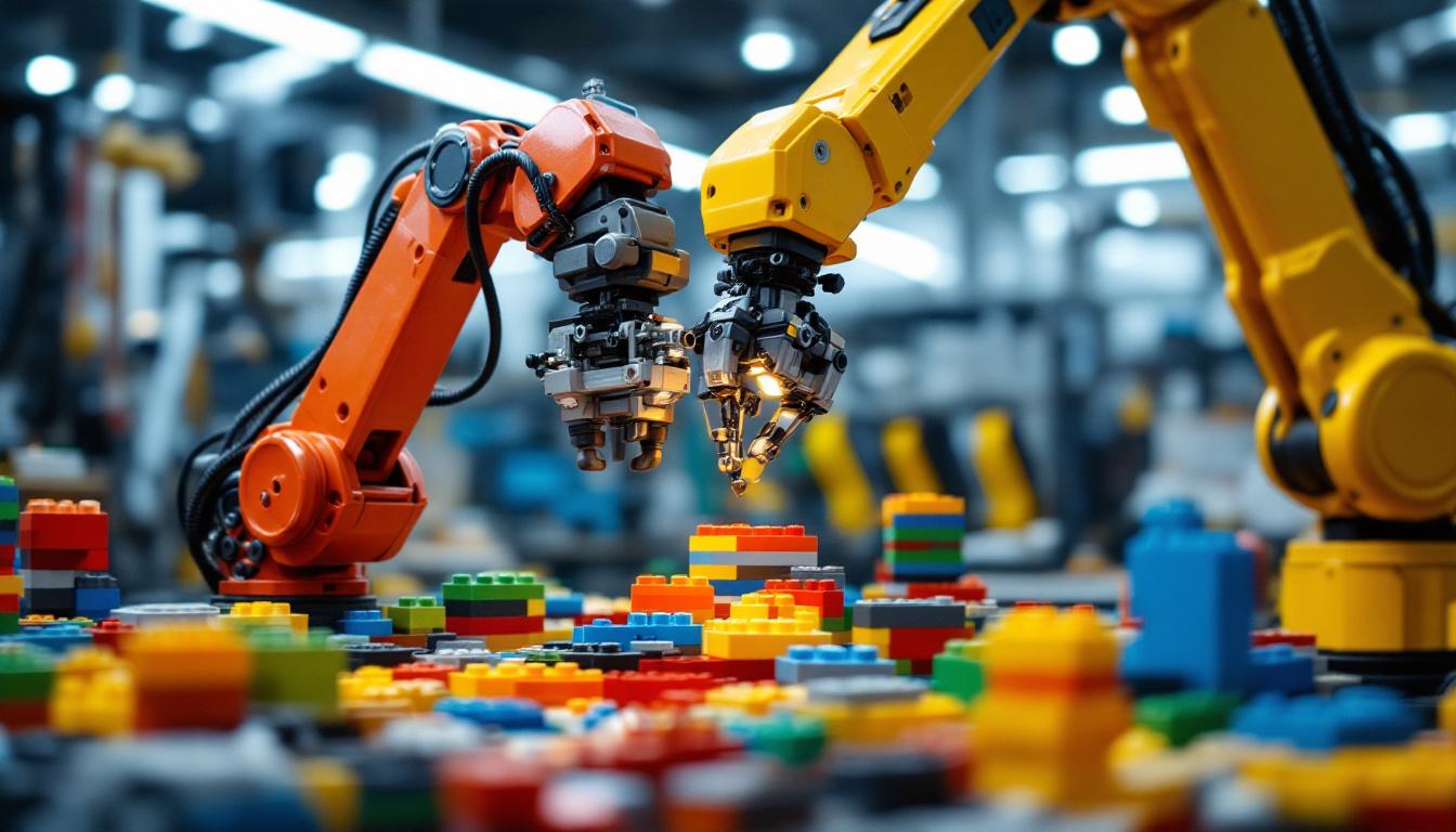 A photograph of a vibrant and dynamic workspace where colorful lego brick blocks are being assembled alongside a sleek industrial robotic arm
