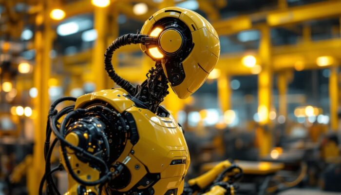 A photograph of a sleek industrial robot in action
