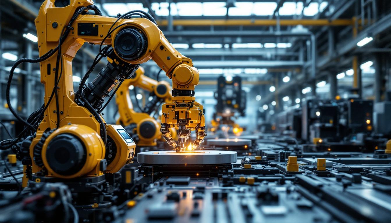 A photograph of capture a photograph of a dynamic industrial setting where advanced robotics are interacting with innovative materials