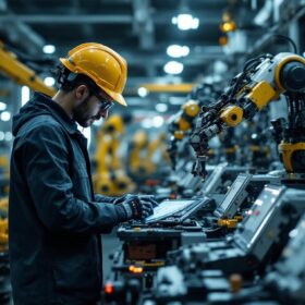 A photograph of a skilled industrial engineer working alongside advanced industrial robots in a modern manufacturing setting