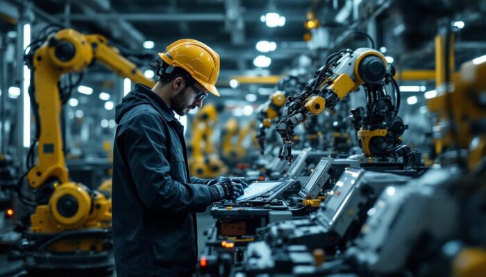 A photograph of a skilled industrial engineer working alongside advanced industrial robots in a modern manufacturing setting