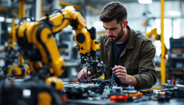 A photograph of a junior electrical engineer working on an industrial robot