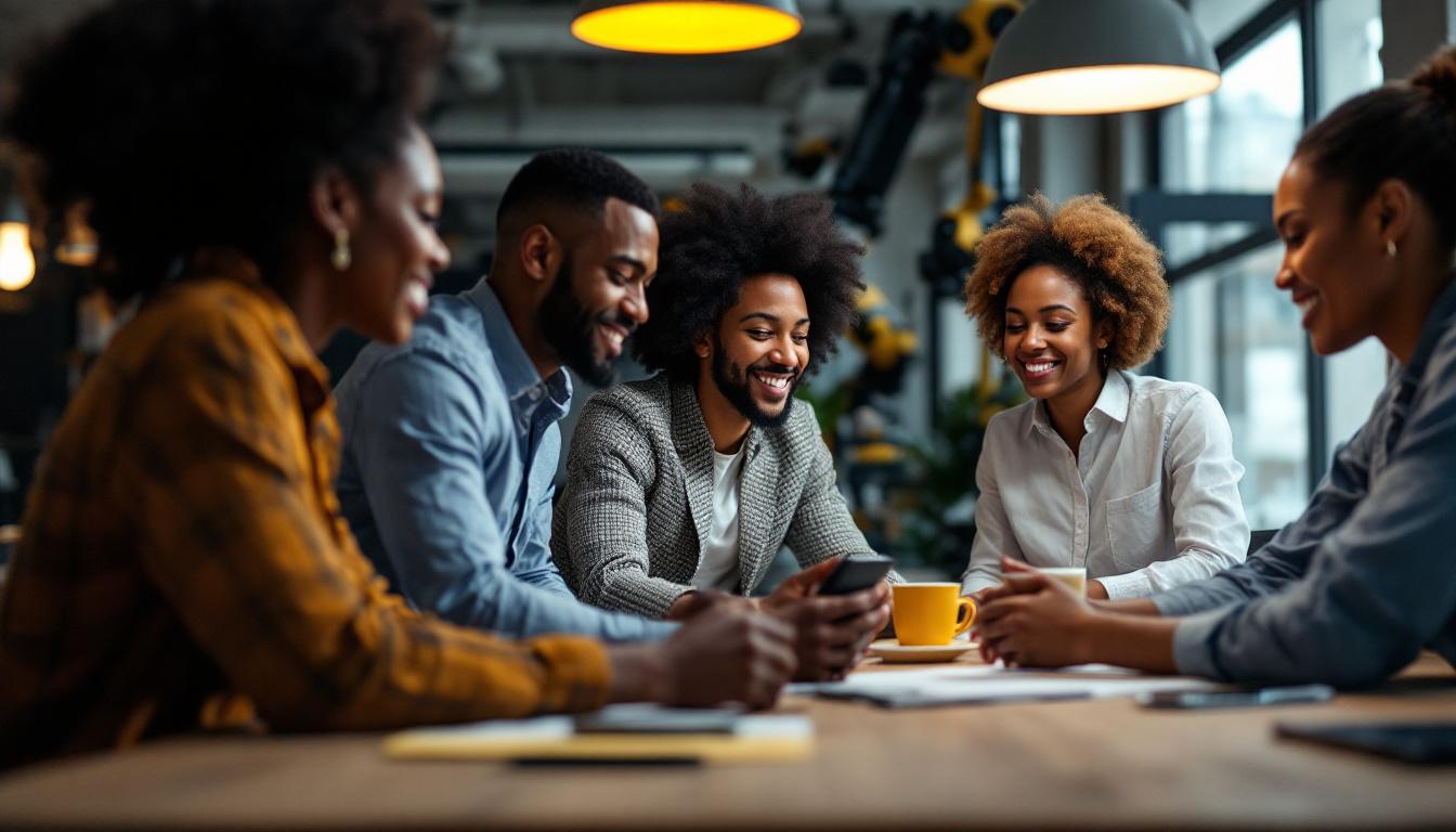 A photograph of a dynamic scene showcasing a diverse group of entry-level sales professionals engaging in a collaborative meeting