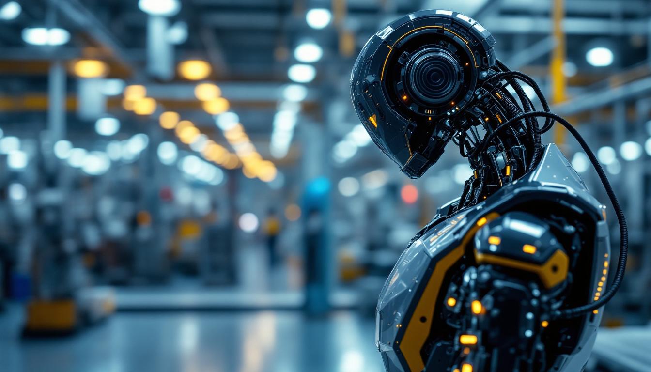 A photograph of a sleek industrial robot in action within a modern manufacturing facility