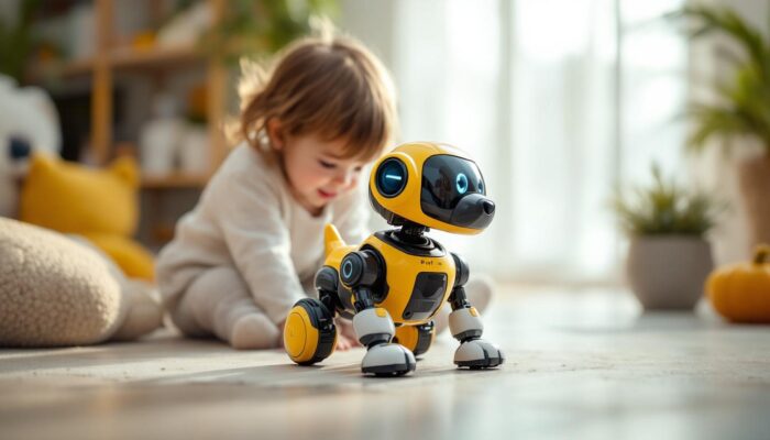 A photograph of a playful robot dog toy interacting with a child or a pet in a bright