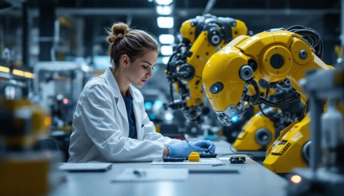 A photograph of a biomedical engineer in a lab setting