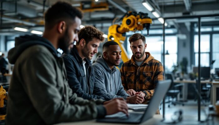 A photograph of a diverse group of entry-level software engineers collaborating in a modern office space