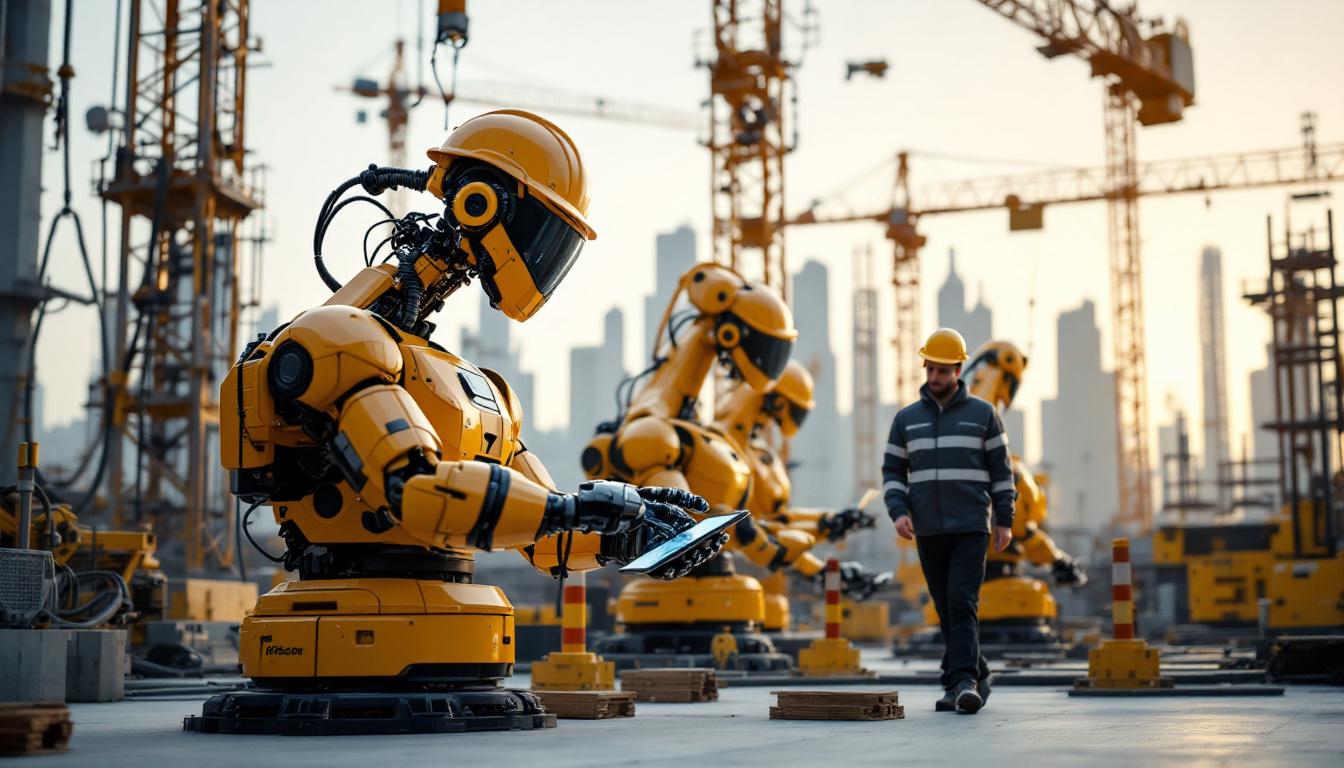 A photograph of a dynamic construction site featuring a combination of advanced industrial robots in action