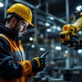 A photograph of a skilled technician setting up an access point in an industrial environment
