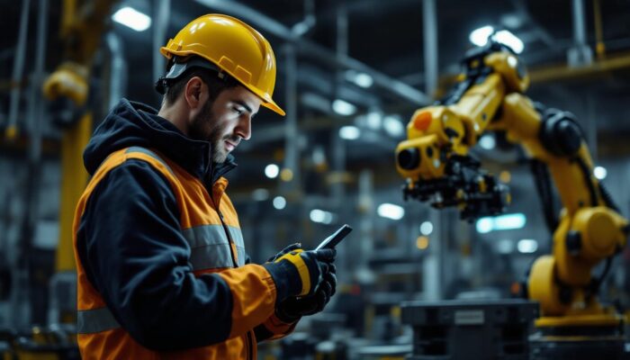 A photograph of a skilled technician setting up an access point in an industrial environment