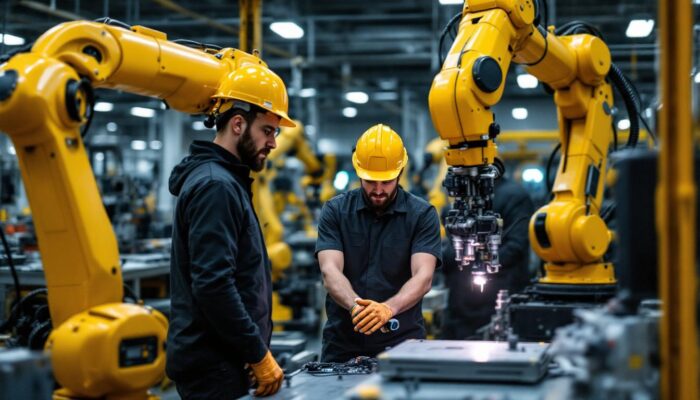 A photograph of capture a photograph of a bustling waltham industrial workspace featuring workers collaborating with advanced industrial robots