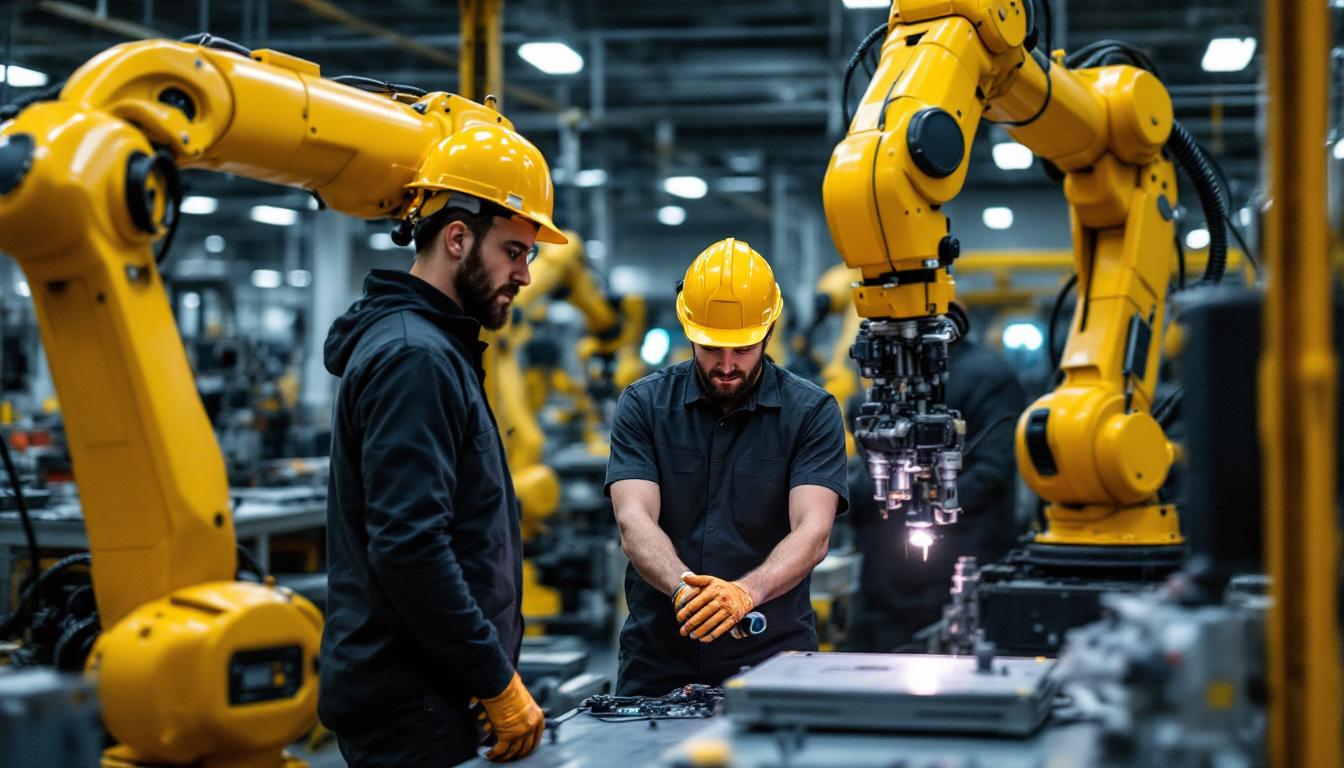 A photograph of capture a photograph of a bustling waltham industrial workspace featuring workers collaborating with advanced industrial robots
