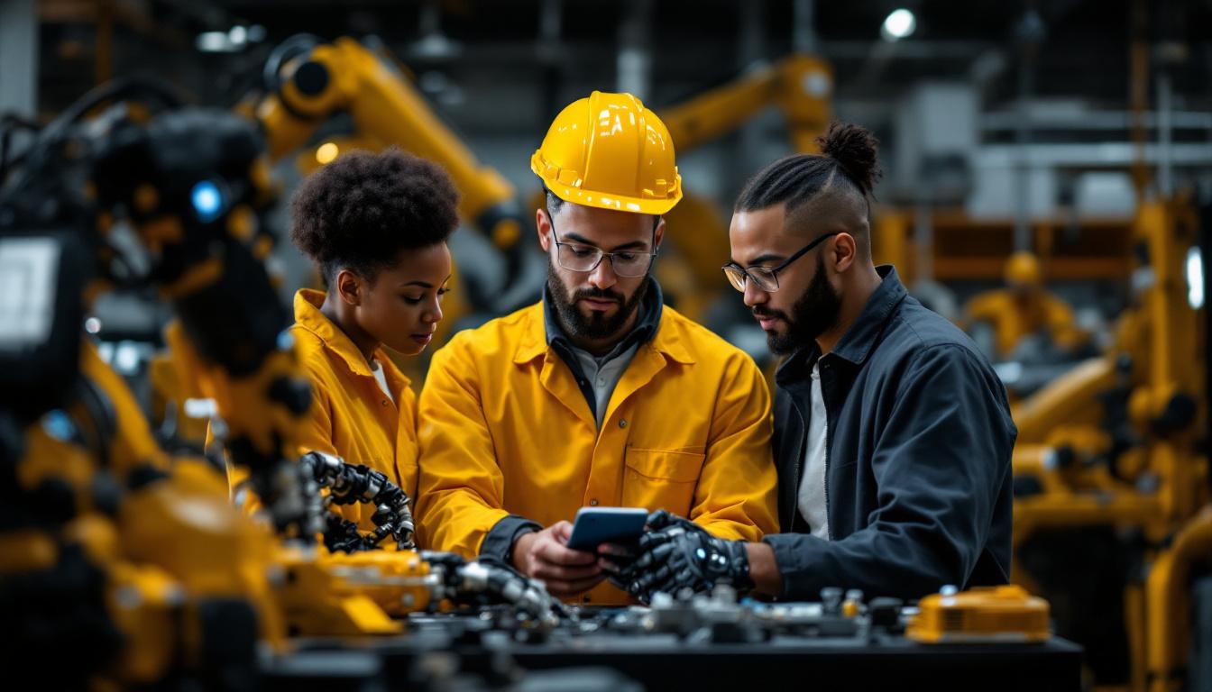 A photograph of a diverse team of engineers collaborating with industrial robots in a modern manufacturing setting