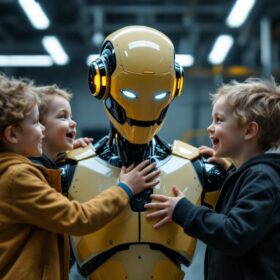 A photograph of four identical twin children interacting playfully with a sleek industrial robot in a modern workshop setting