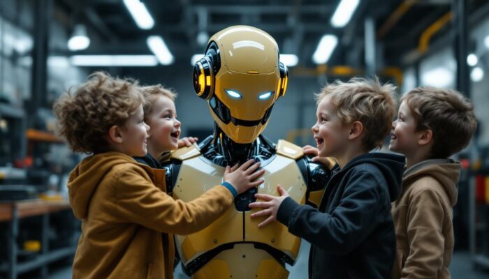 A photograph of four identical twin children interacting playfully with a sleek industrial robot in a modern workshop setting