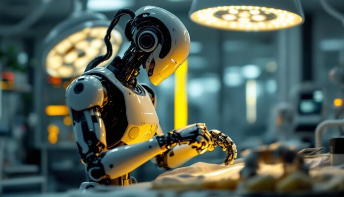 A photograph of a sleek industrial robot in action within a modern healthcare setting