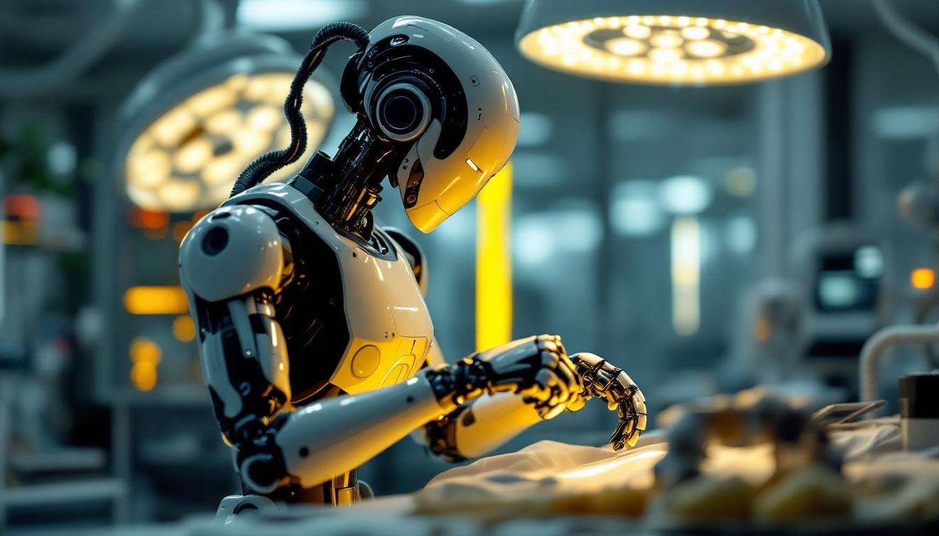 A photograph of a sleek industrial robot in action within a modern healthcare setting