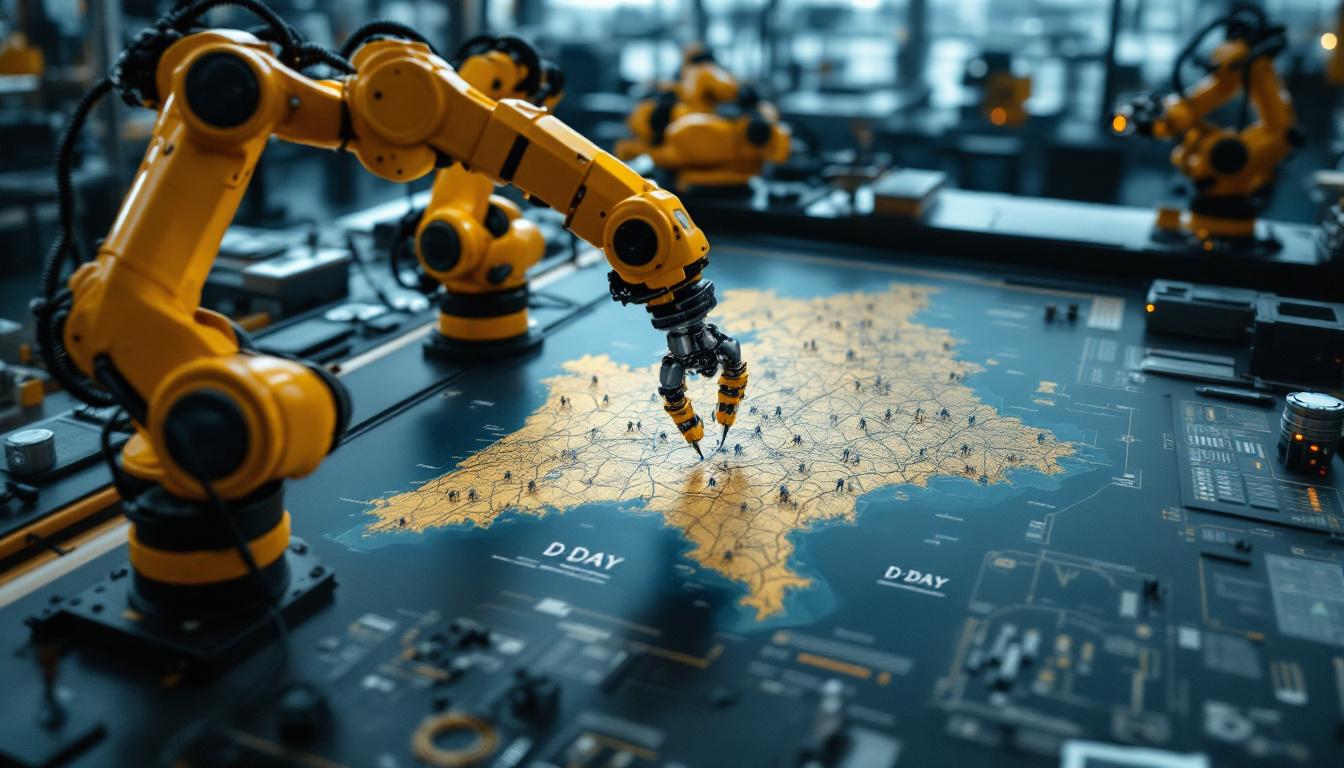 A photograph of a dynamic industrial robotics workspace