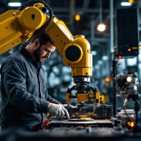 A photograph of a dynamic scene showcasing a skilled technician operating an industrial robot in a modern manufacturing facility