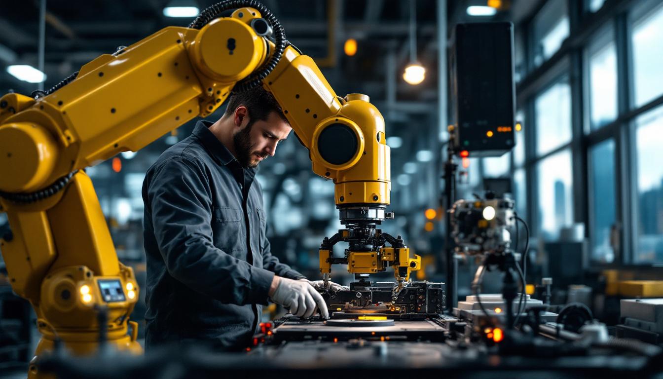 A photograph of a dynamic scene showcasing a skilled technician operating an industrial robot in a modern manufacturing facility