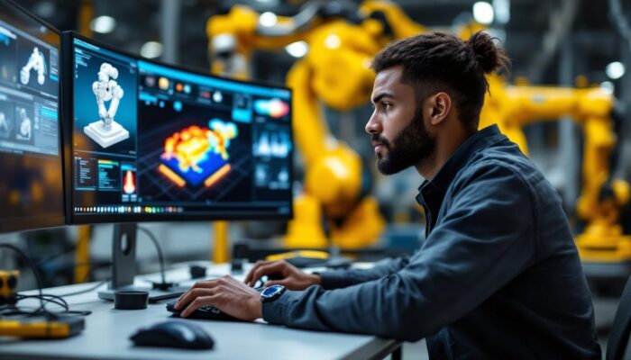 A photograph of a simulation engineer working intently at a computer