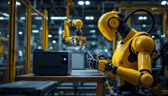 A photograph of capture a photograph of a brother mobile printer in action alongside an industrial robot in a dynamic manufacturing environment