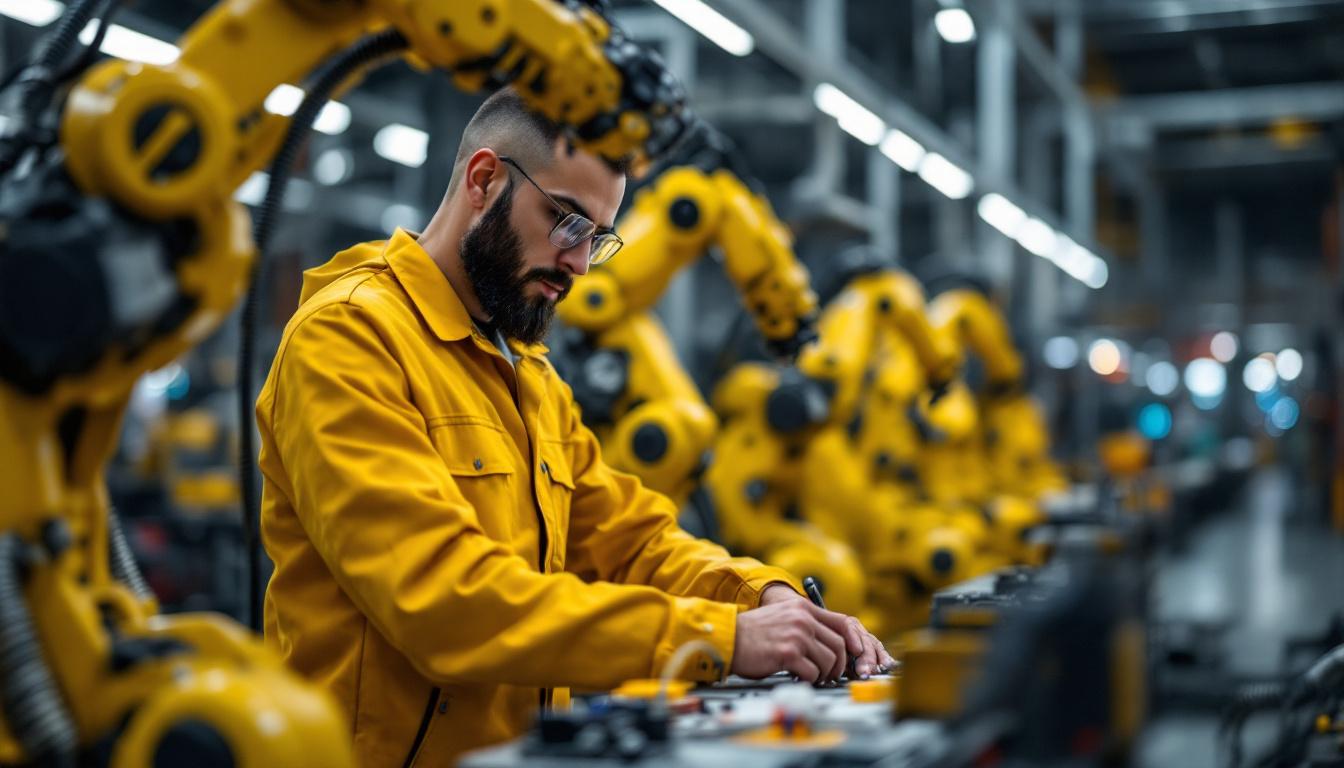 A photograph of a skilled robotics technician working hands-on with industrial robots in a modern training facility