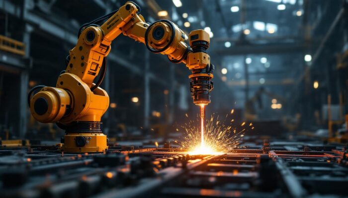 A photograph of a construction site where a laser-guided robotic arm is actively engaged in precision tasks