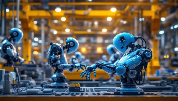 A photograph of a dynamic industrial setting featuring four distinct blue robots engaged in various tasks