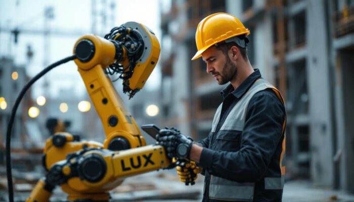 A photograph of a lux construction group team member operating an industrial robot on a construction site