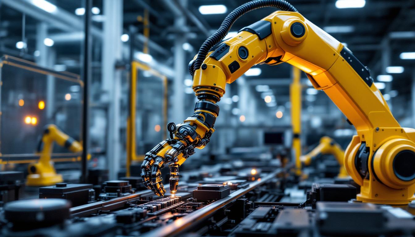 A photograph of a modern industrial robotic arm in action within a high-tech manufacturing facility