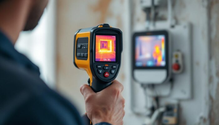 A photograph of a thermal imaging camera in action during a home inspection