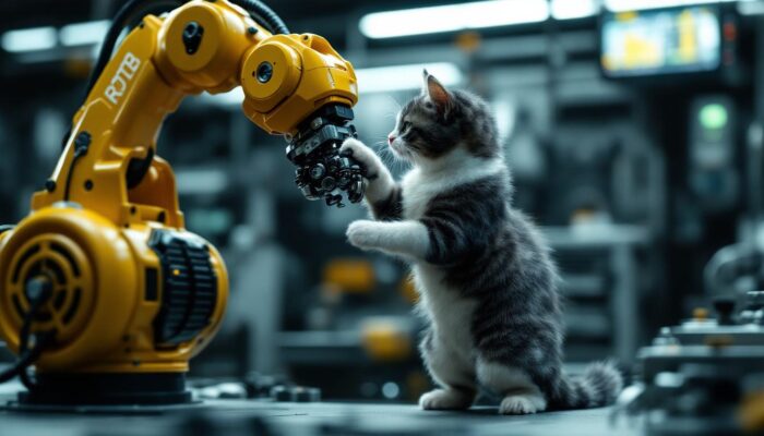 A photograph of a three-legged cat interacting with an industrial robotic arm in a dynamic and playful setting