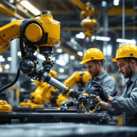 A photograph of a dynamic industrial setting featuring a collaborative robot (cobot) working alongside human workers