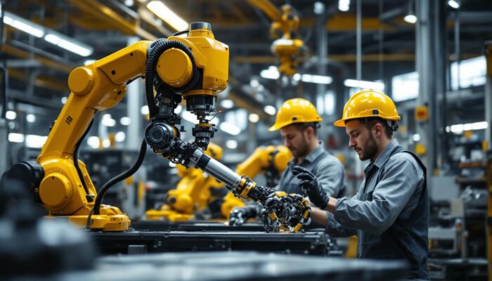 A photograph of a dynamic industrial setting featuring a collaborative robot (cobot) working alongside human workers