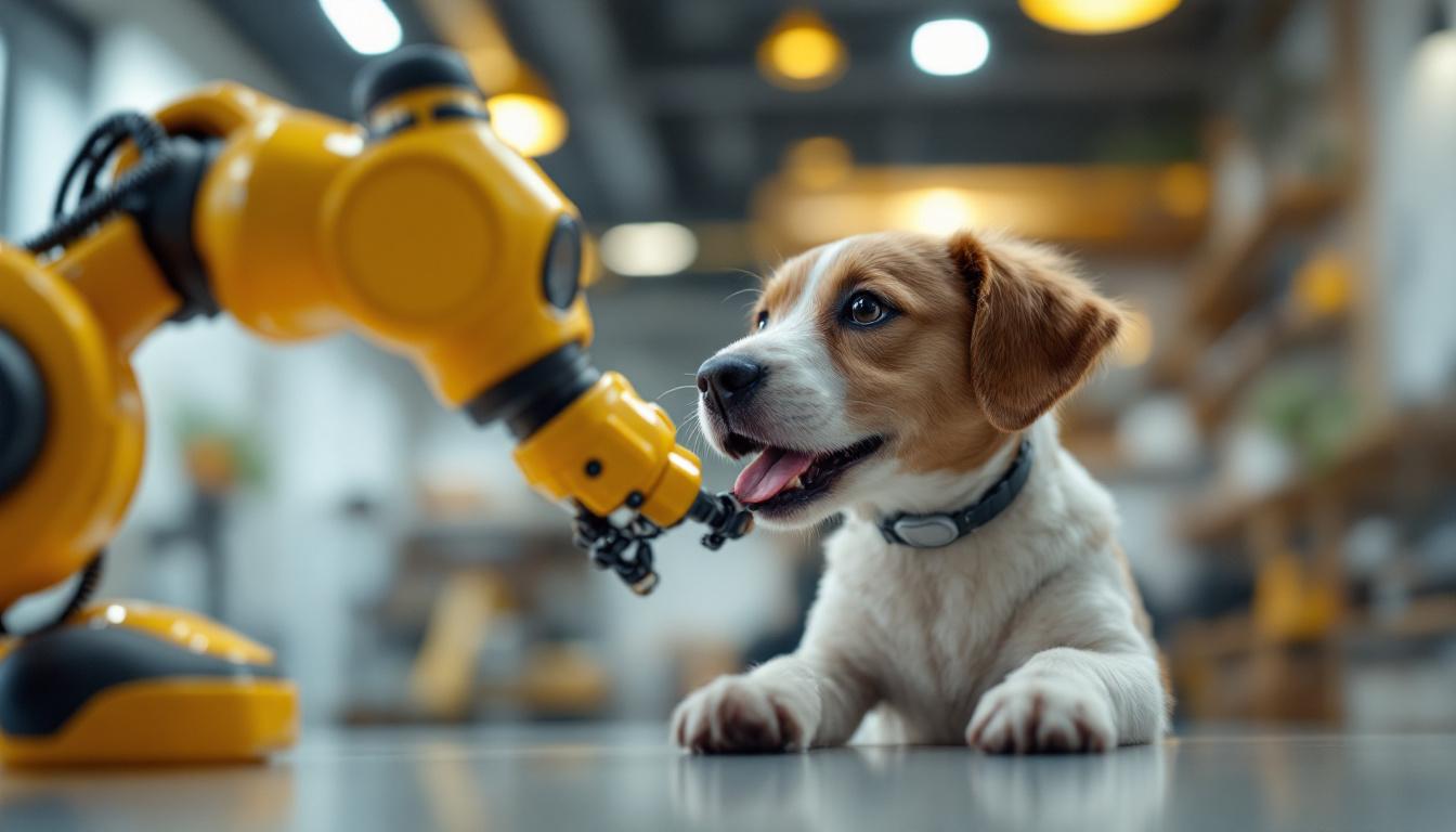 A photograph of a playful dog interacting with a robotic arm in a bright