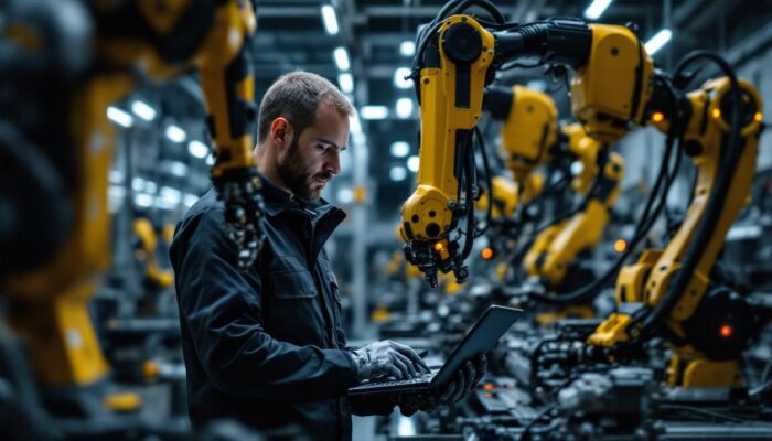 A photograph of a dynamic scene featuring an electrical engineer collaborating with industrial robots in a modern manufacturing environment