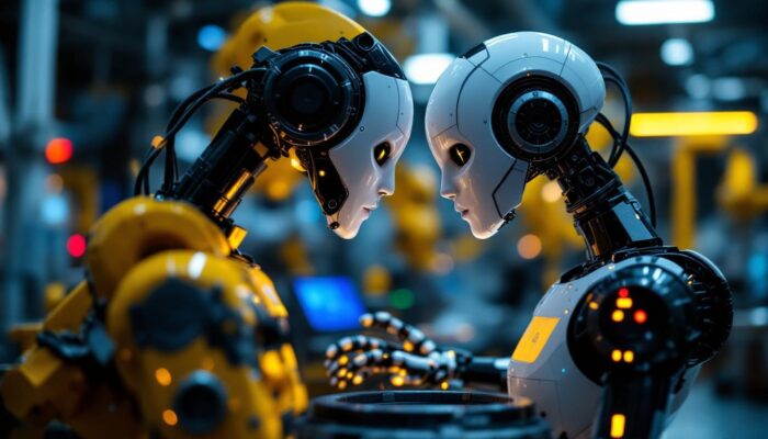 A photograph of a sleek and modern industrial robot in action alongside a spark bot