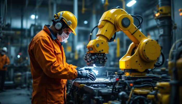 A photograph of a skilled technician in protective gear operating an industrial robot within a decommissioned nuclear facility