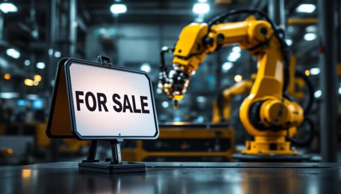 A photograph of a dynamic industrial setting featuring a robotic arm in action alongside a "for sale" sign