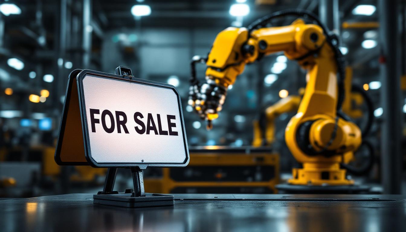 A photograph of a dynamic industrial setting featuring a robotic arm in action alongside a "for sale" sign
