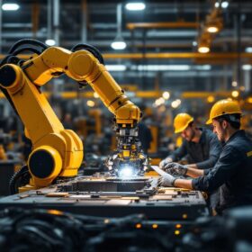 A photograph of a dynamic industrial setting featuring a robotic arm in action