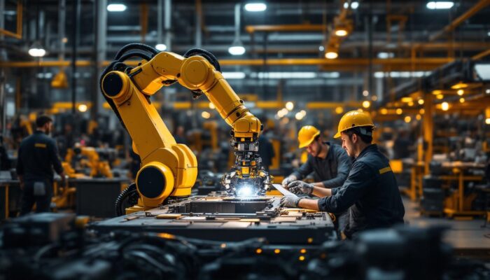 A photograph of a dynamic industrial setting featuring a robotic arm in action