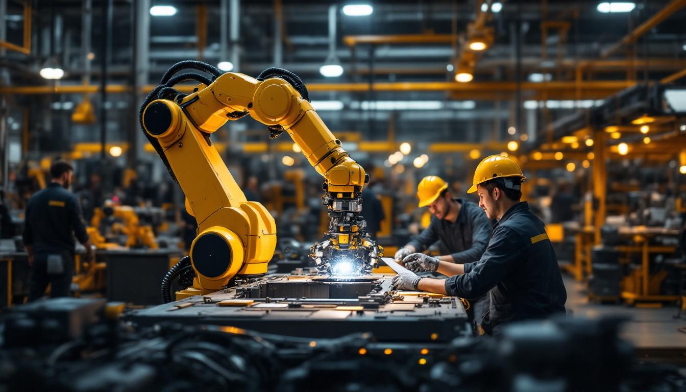 A photograph of a dynamic industrial setting featuring a robotic arm in action